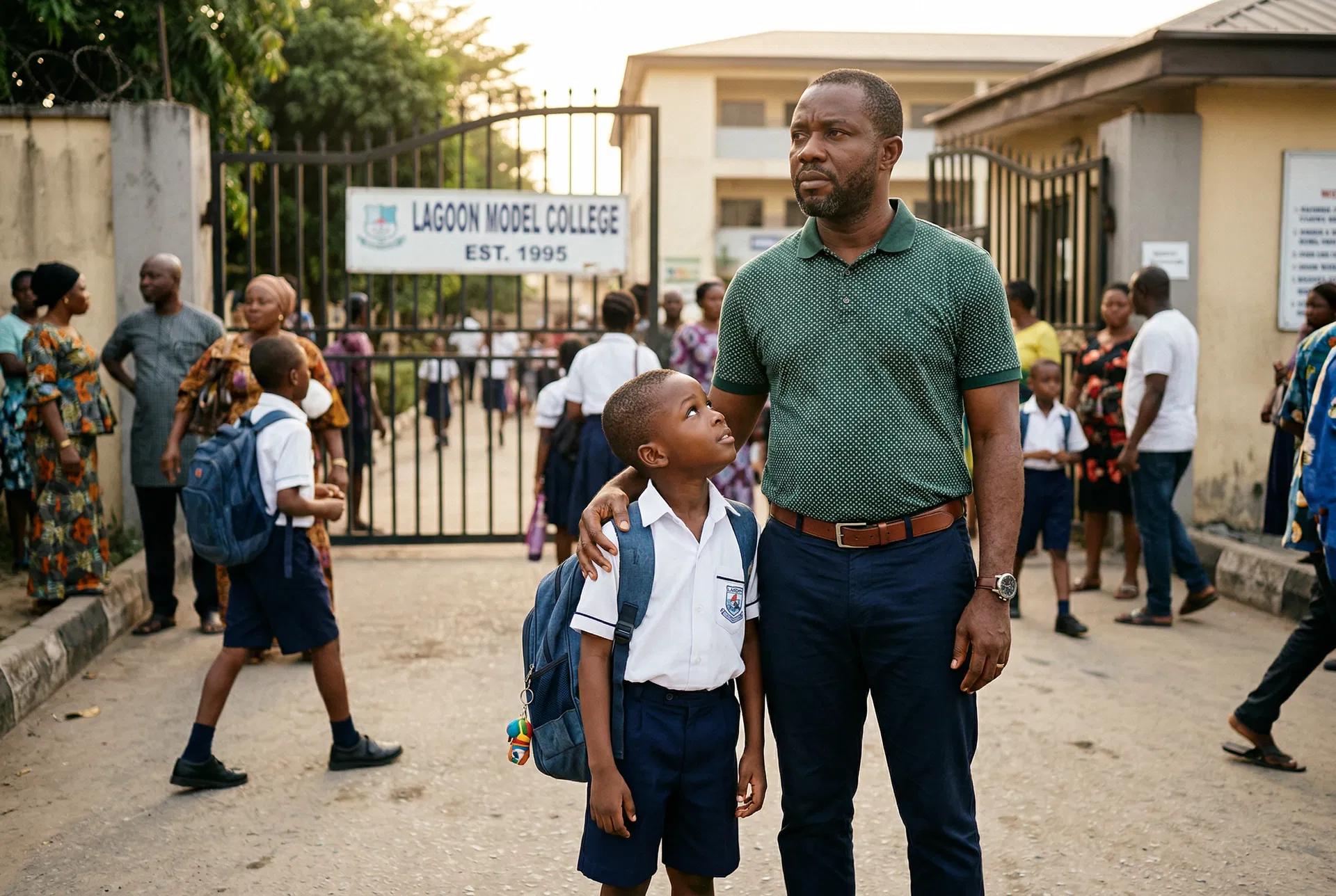 A father with his hand on his son's shoulder outside their school gate